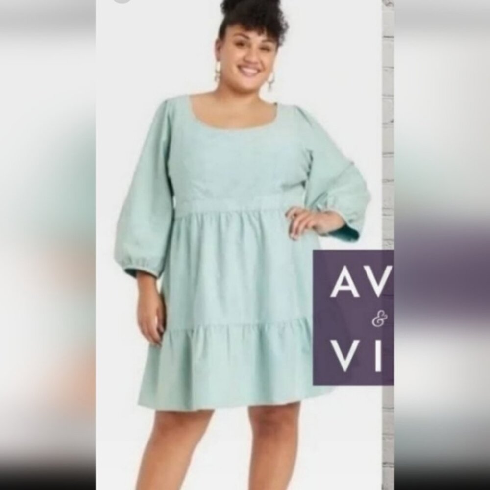 Ava & Viv Size X/14 Balloon Sleeve Ruffled Tiered Dress Mint NEW